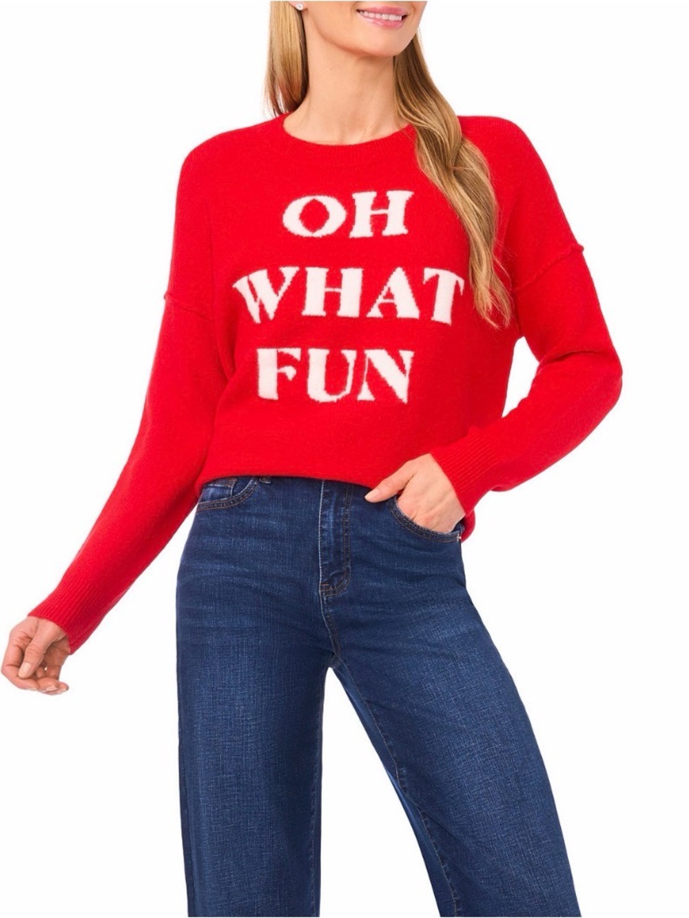 CeCe Women's "OH WHAT FUN" Crewneck Long-Sleeve Sweater